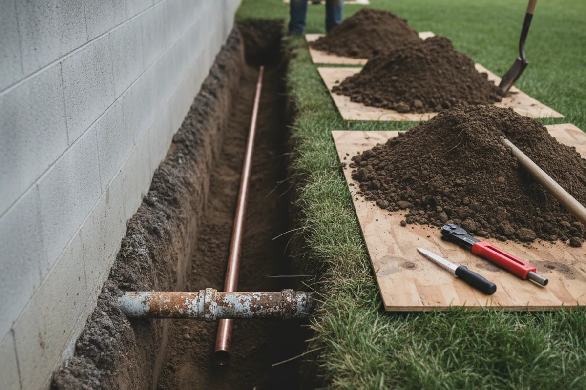 Excavated water line trench during Water Heater Repair in Marshfield